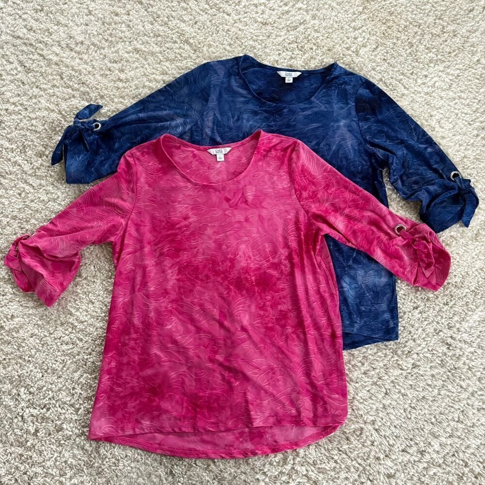 Bundle of 2 Textured Elbow Length Sleeve Tie Tops Pink Blue Large